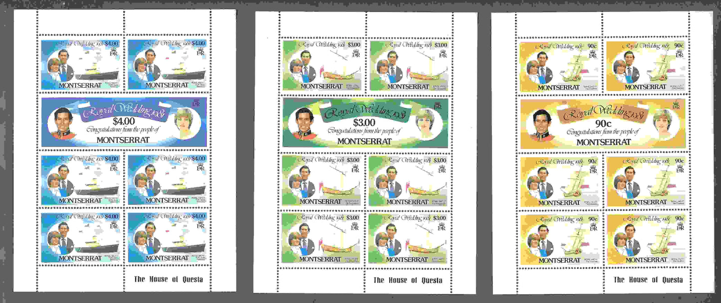 1981 Montserrat 3 Sheets of 7 90c, $3, $4 Postage Stamps - MNH, OG - Scott 465-470