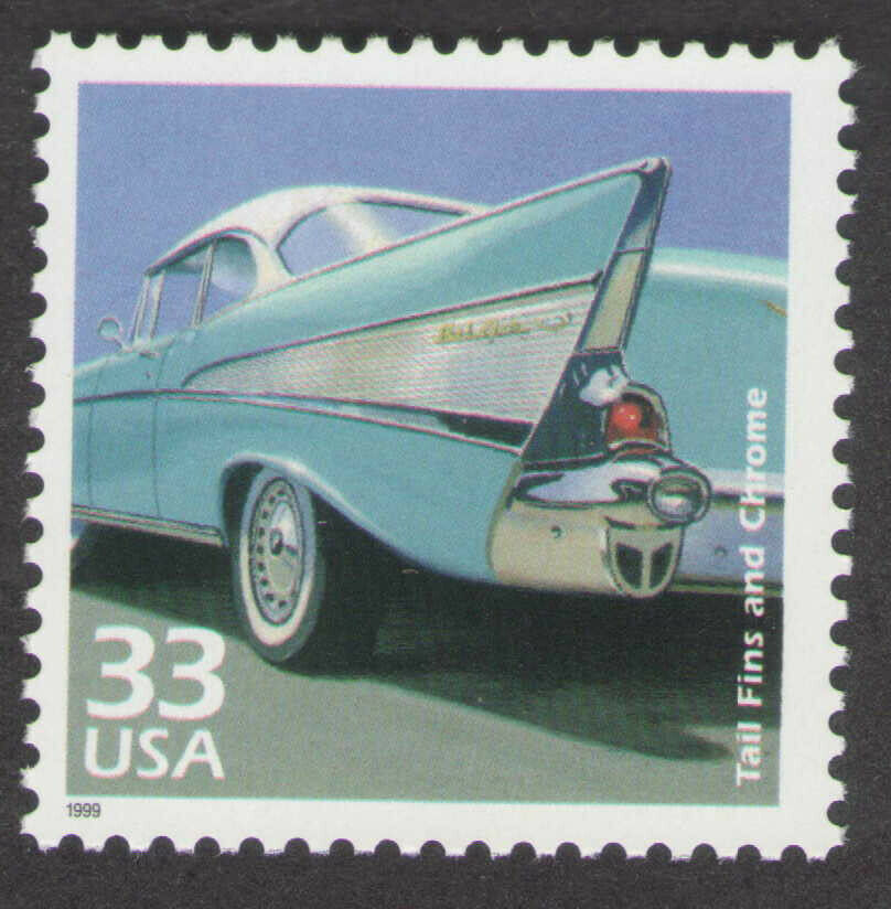 1999 The 1950s Classic Cars tail fins chrome Single 33c Stamp, Scott3187g, MNH, OG