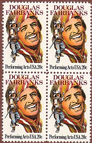 1984 Douglas Fairbanks Block of 4 20c Postage Stamps, Scott 2088, MNH, OG
