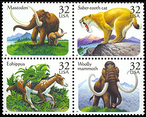 1996 Prehistoric Animals Block of Four 32 Cent Postage Stamps, Scott3077-80, MNH