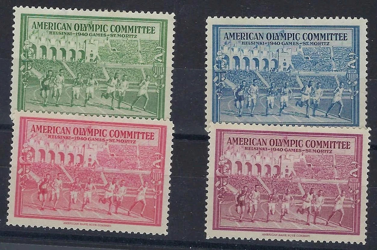 1940 American Olympic Committee Helsinki Cinderella Stamps Set 4 MH OG - 2 Thins