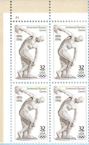 1996 Olympics Discus Thrower Plate Block of 4 32c Stamps - Scott 3087 - MNH,OG