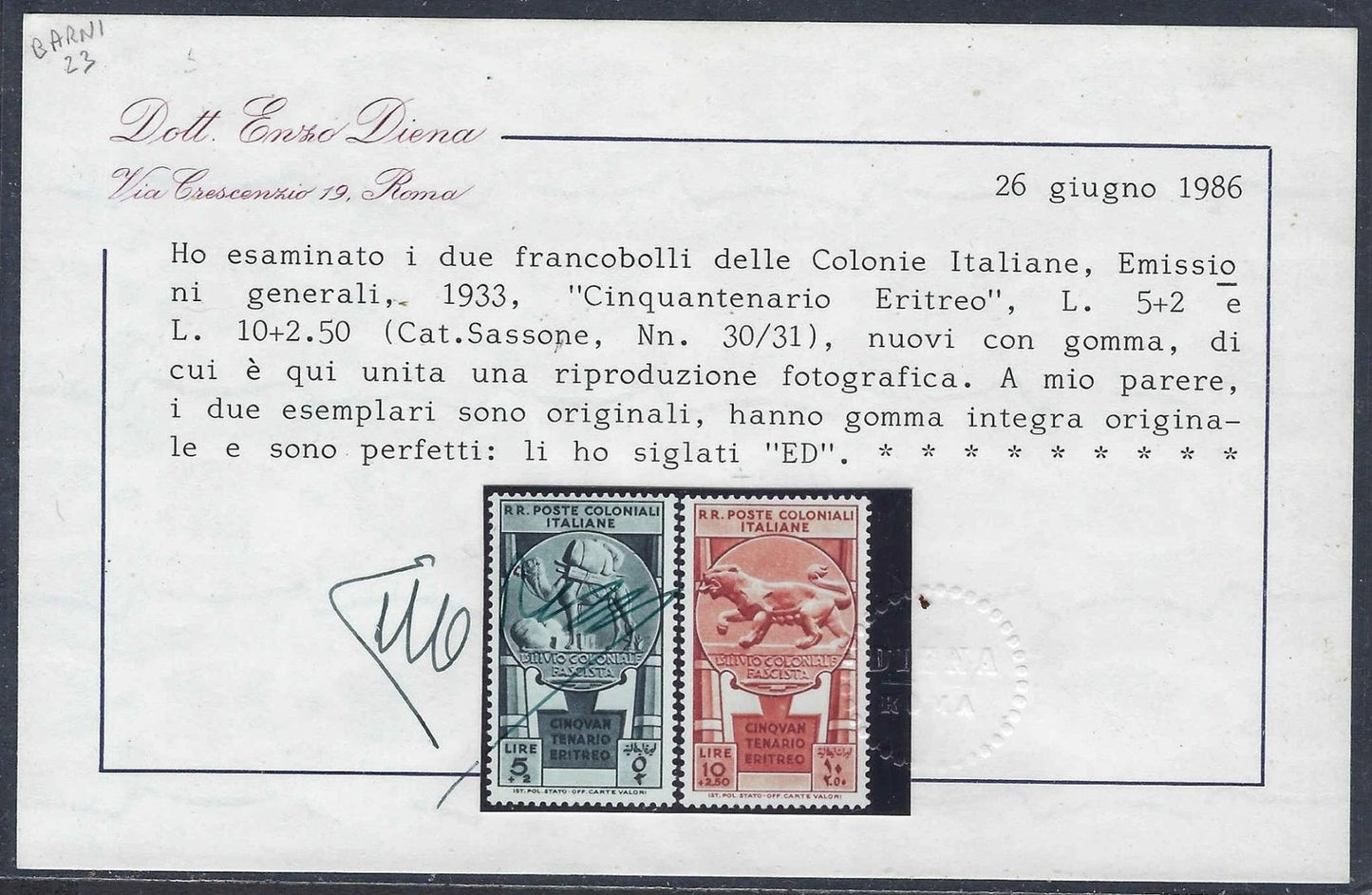 Italian Colonies Eritrea 1933 Scott 23-31 Sassone 30-38 MNH Set w/ Diena Cert