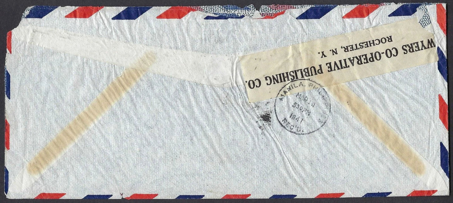 1941 USA to Philippines Trans Pacific Airmail $2.50 Rate Cover