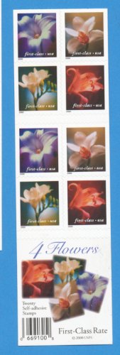 2000 Four Flowers Stamps Pane of 20 34c Postage Stamps, Scott3454-3457, MNH, OG