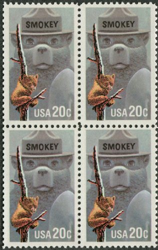 1984 Smokey Bear Block of 4 20c Postage Stamps, Scott 2096, MNH, OG