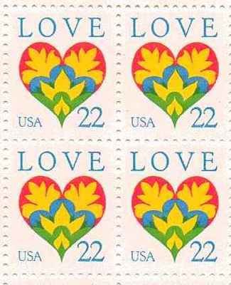 1987 Love Heart Block of 4 22c Postage Stamps, Scott2248, MNH, OG