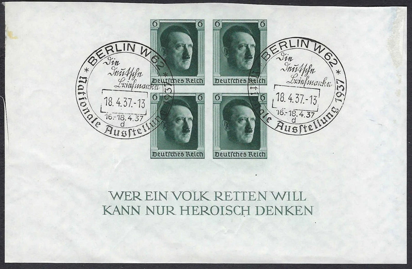 1937 Germany Souvenir Sheet - Sc# B104- Canceled Part Gum -Light Crease
