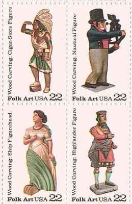 1986 Folk Art Block of 4 22c Postage Stamps, Scott2240-2243, MNH, OG