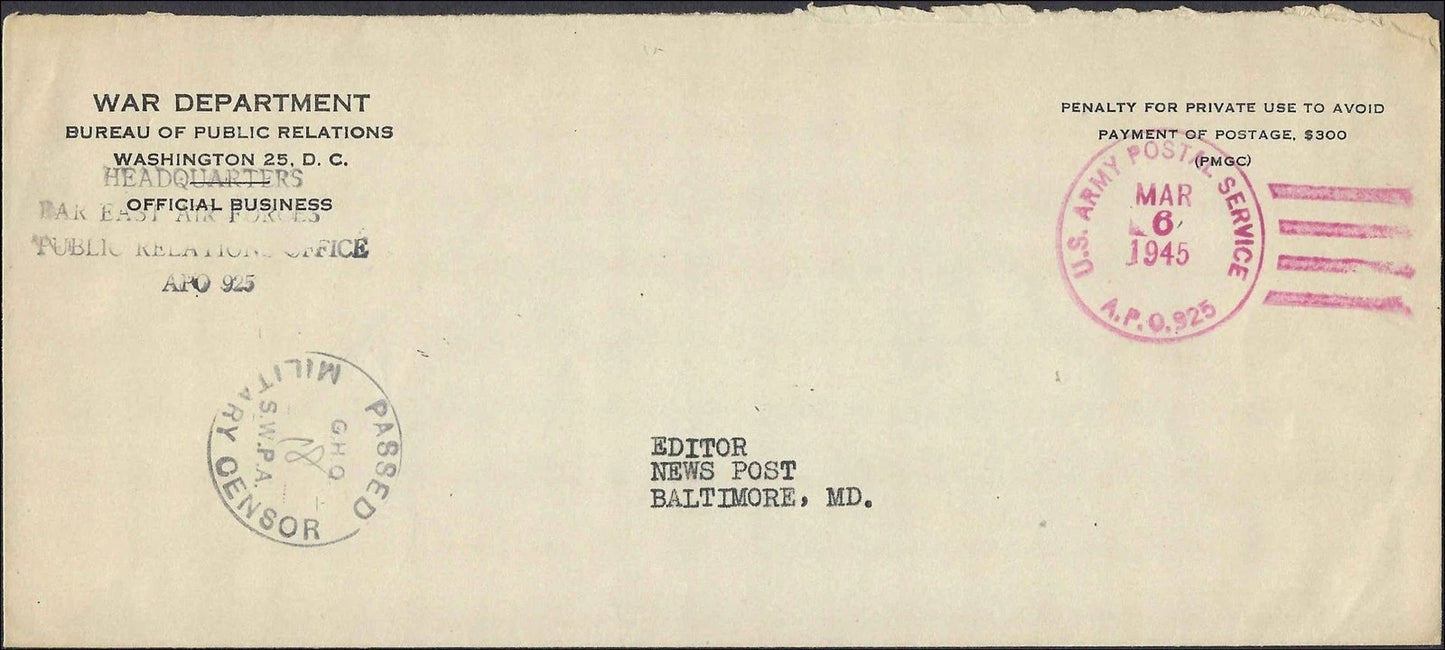 1945 WWII APO 925 Far East Air Forces Official Cover War Dept FEAF Censored