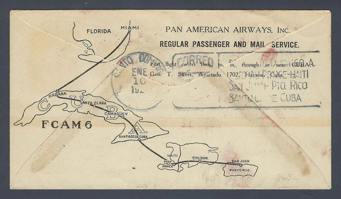 1929 FAM 6 First Flight Cover Port au Prince Haiti to Santo Domingo PAA Map