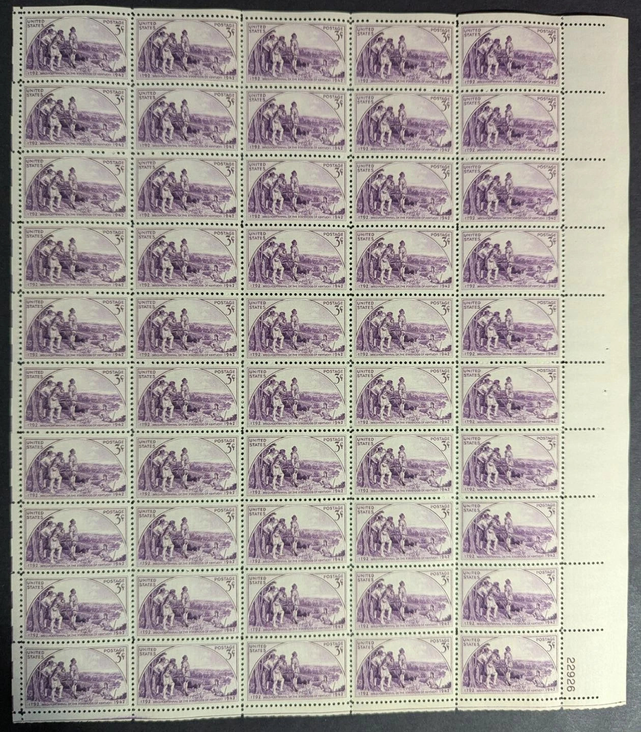 1942 USA Kentucky 3c Sheet - Scott 904 - MNH, Undisturbed OG - No Sig Flaws