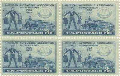 1952 American Auto Assoc. Block of 4 x 3c Postage Stamps, Scott 1007, MNH, OG