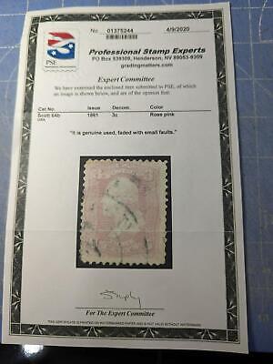 VEGAS - 1861 USA Washington 3c - Scott 64b Rose Pink - Used With 2020 PSE Cert