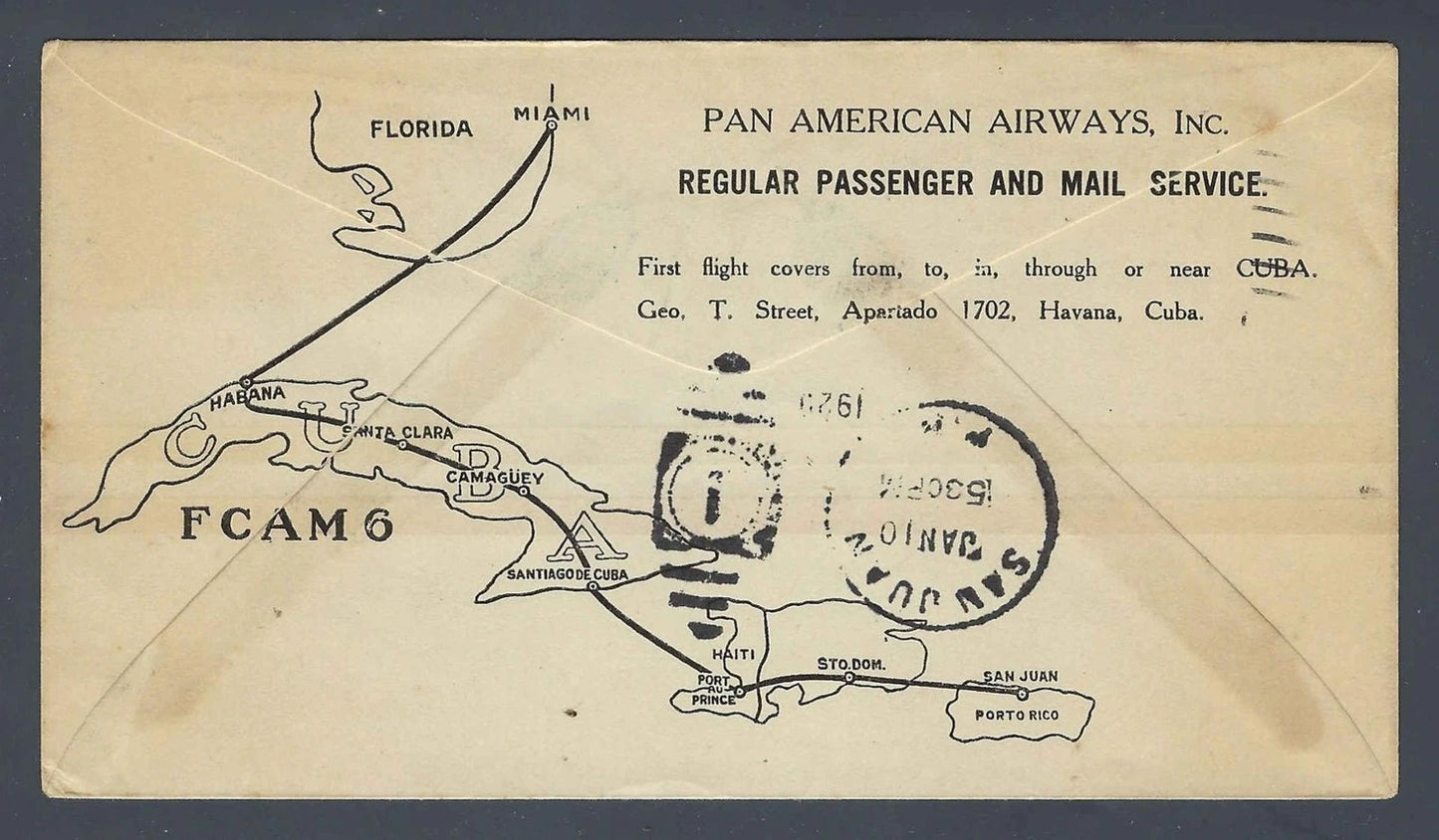 1929 FAM 6 First Flight Cover Santo Domingo Dominican Republic to San Juan PR