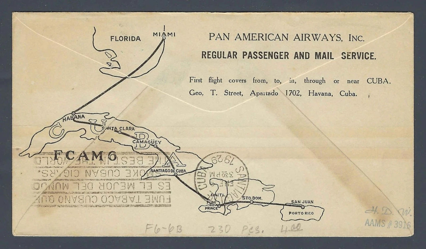 1929 FAM 6 First Flight Cover Santo Domingo Dominican Republic Caribbean Route