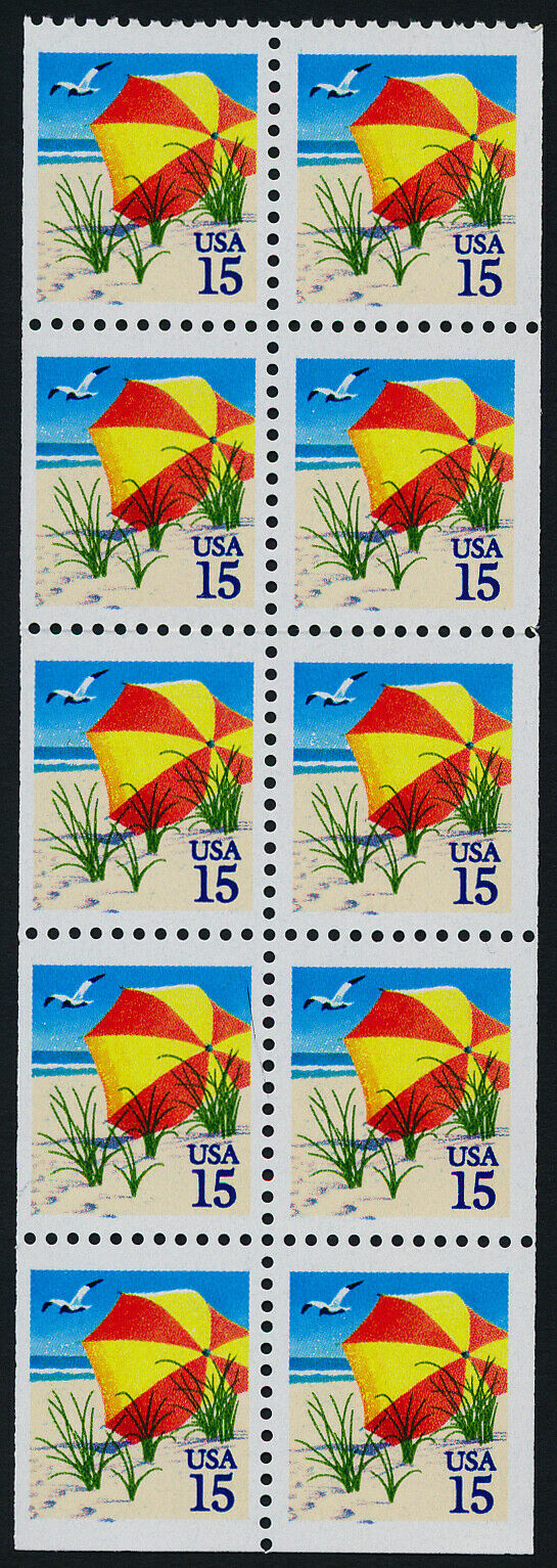1990 Beach Umbrella Booklet Pane of Ten 15c Postage Stamps, Scott 2443, MNH, OG