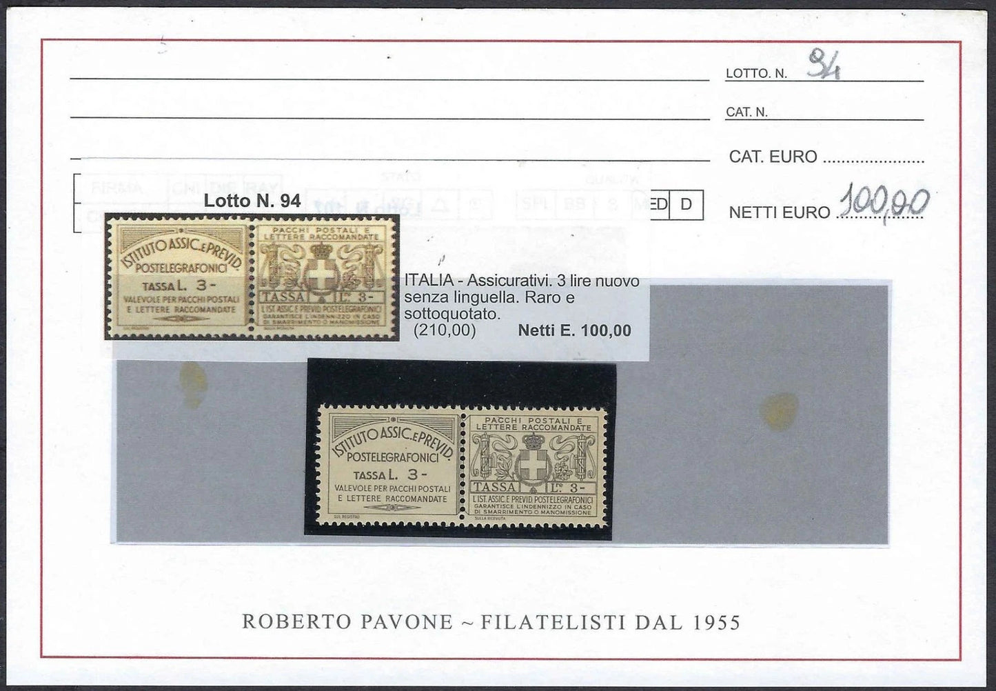 1917 Italy Assicurativi 3L Mint NH Pair Sassone #8 Insurance