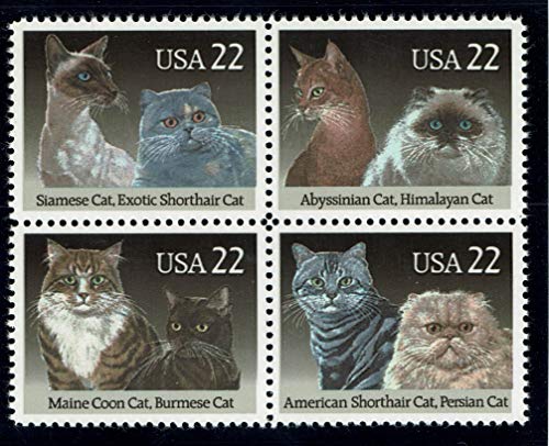 1988 Cats Block of 4 22c Postage Stamps, Scott 2372, MNH, OG