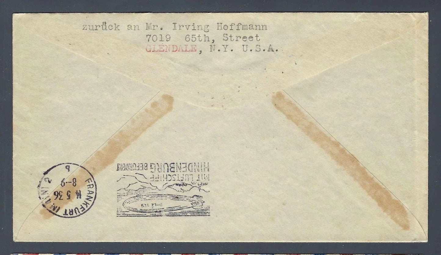 1936 Hindenburg First Flight Cover New York to Switzerland C8 C20 Pair