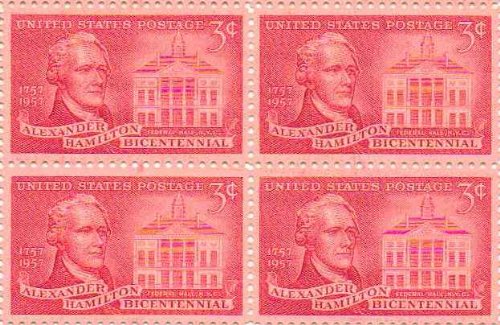 1957 Alexander Hamilton Block of 4 3c Postage Stamps, Scott 1086, MNH, OG