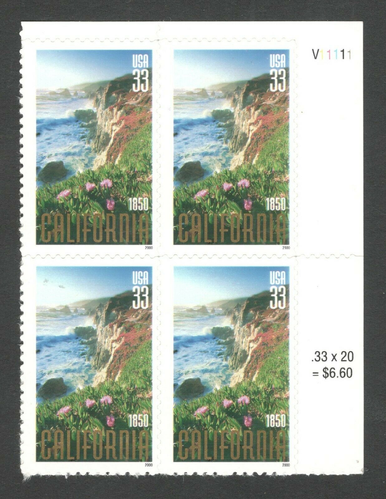 2000 California Statehood Plate Block of 4 33c Postage Stamps - MNH, OG - Scott 3438