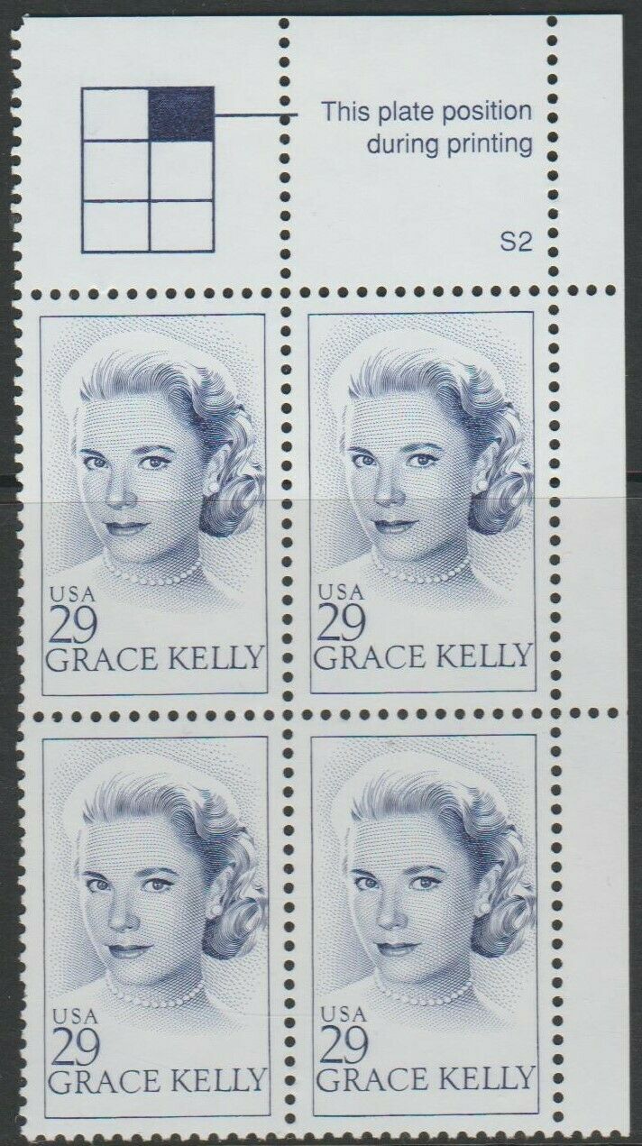 1993 Grace Kelly Plate Block of 4 29c Postage Stamps - MNH, OG - Scott 2749
