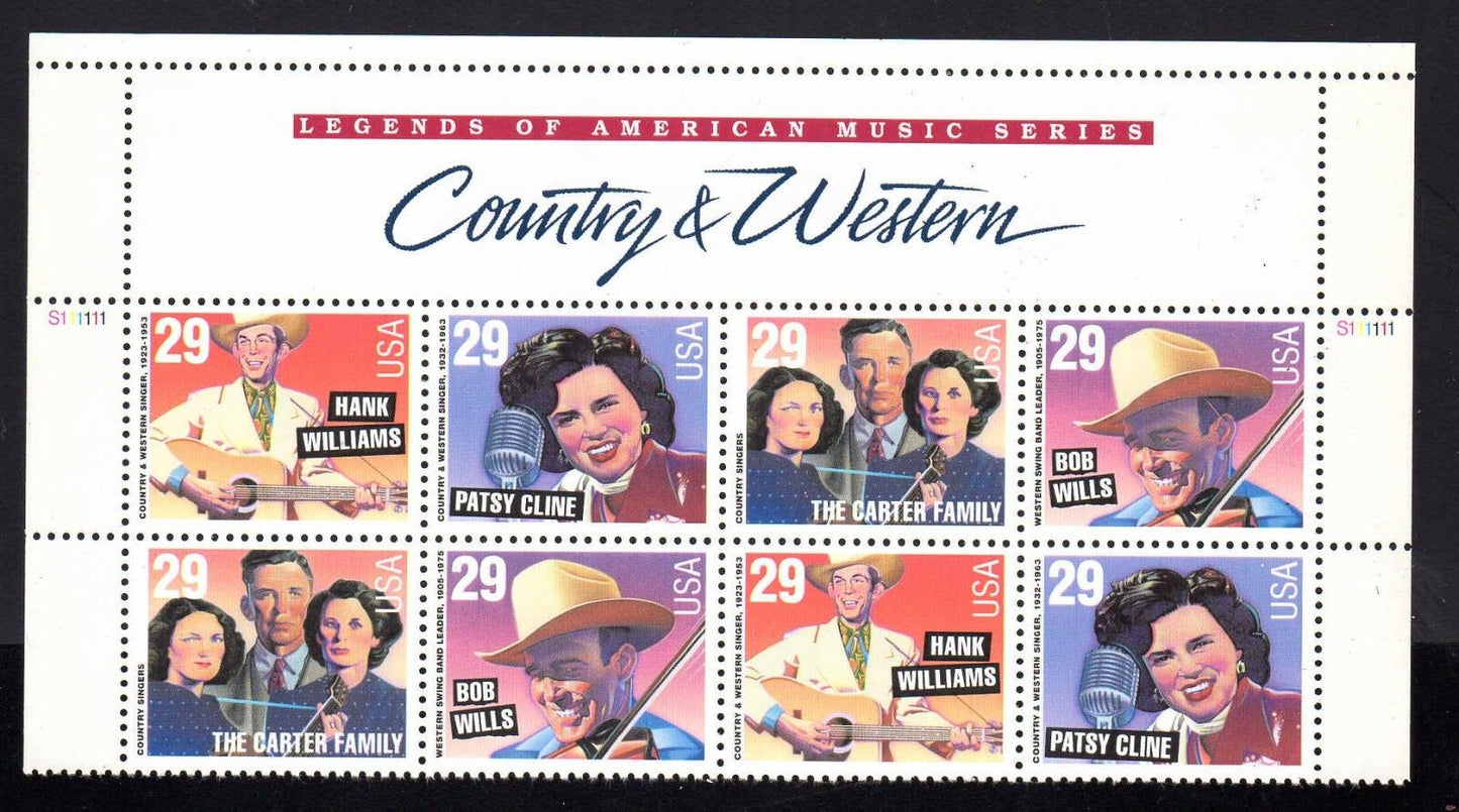 1993 Country & Western Music Block Of 8 With Banner 29c Postage Stamps - MNH, OG - Scott 2771-2774 - CW383e
