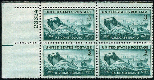 1945 US Coast Guard Plate Block of 4 3c Postage Stamps - MNH, OG - Scott 936