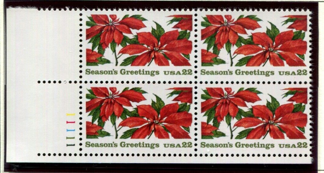 1985 Christmas Poinsettia Plate Block of 4 22c Postage Stamps - MNH, OG - Scott 2166
