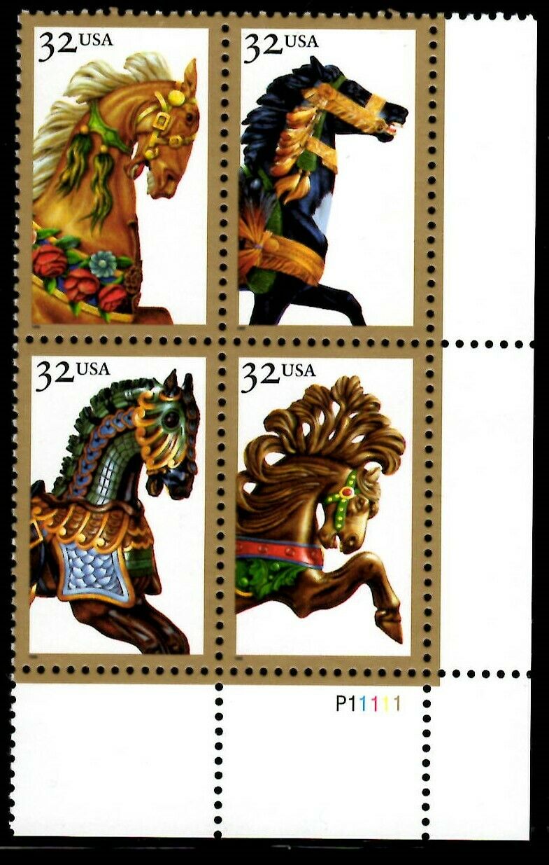 1995 Carousel Horses Plate Block Of 4 32c Postage Stamps Scott 2976-2979 - MNH -DS106