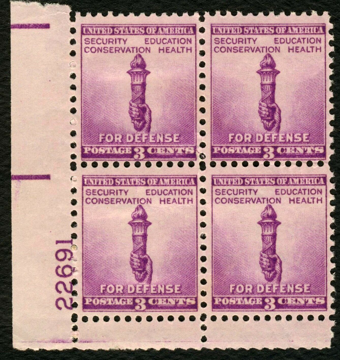 1940 Security Education For Defense Plate Block of 4 3c Postage Stamps - MNH, OG - Scott 901