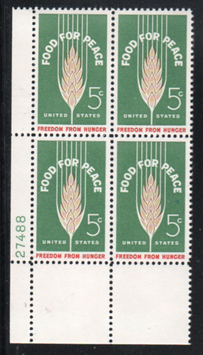 1963 Food For Peace Plate Block Of 4 5c Postage Stamps - MNH, OG - Scott 1231 - CX274