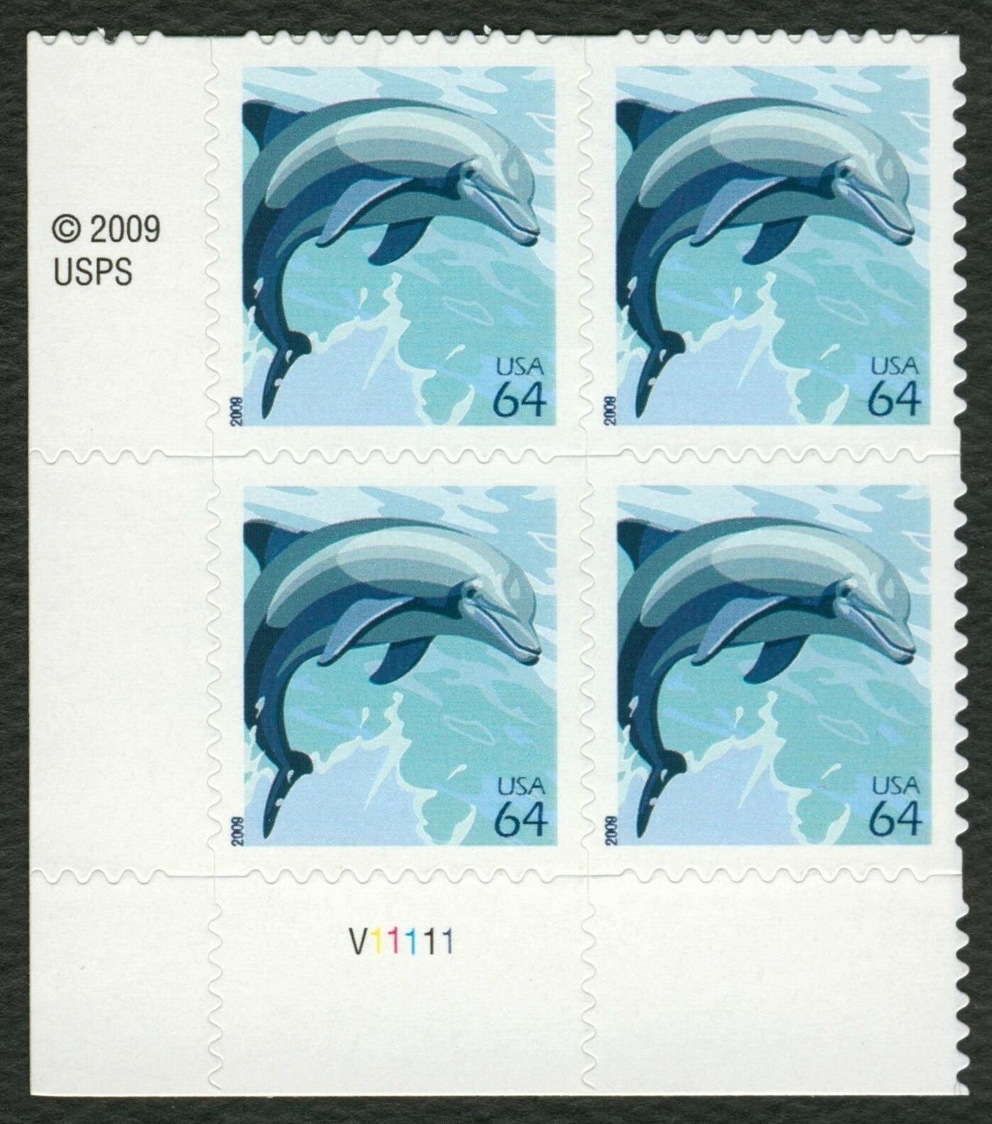 2009 Dolphin Plate Block Of 4 64 c Postage Stamps - Scott 4388 - MNH, OG - DC135
