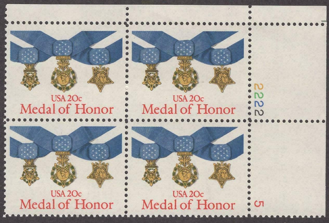 1983 USA Medal Of Honor Plate Block Of 4 20c Postage Stamps - Scott 2045 - MNH, OG - CW251b