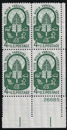 1960 World Forestry Congress Plate Block of 4 4c Postage Stamps - MNH, OG - Scott 1156