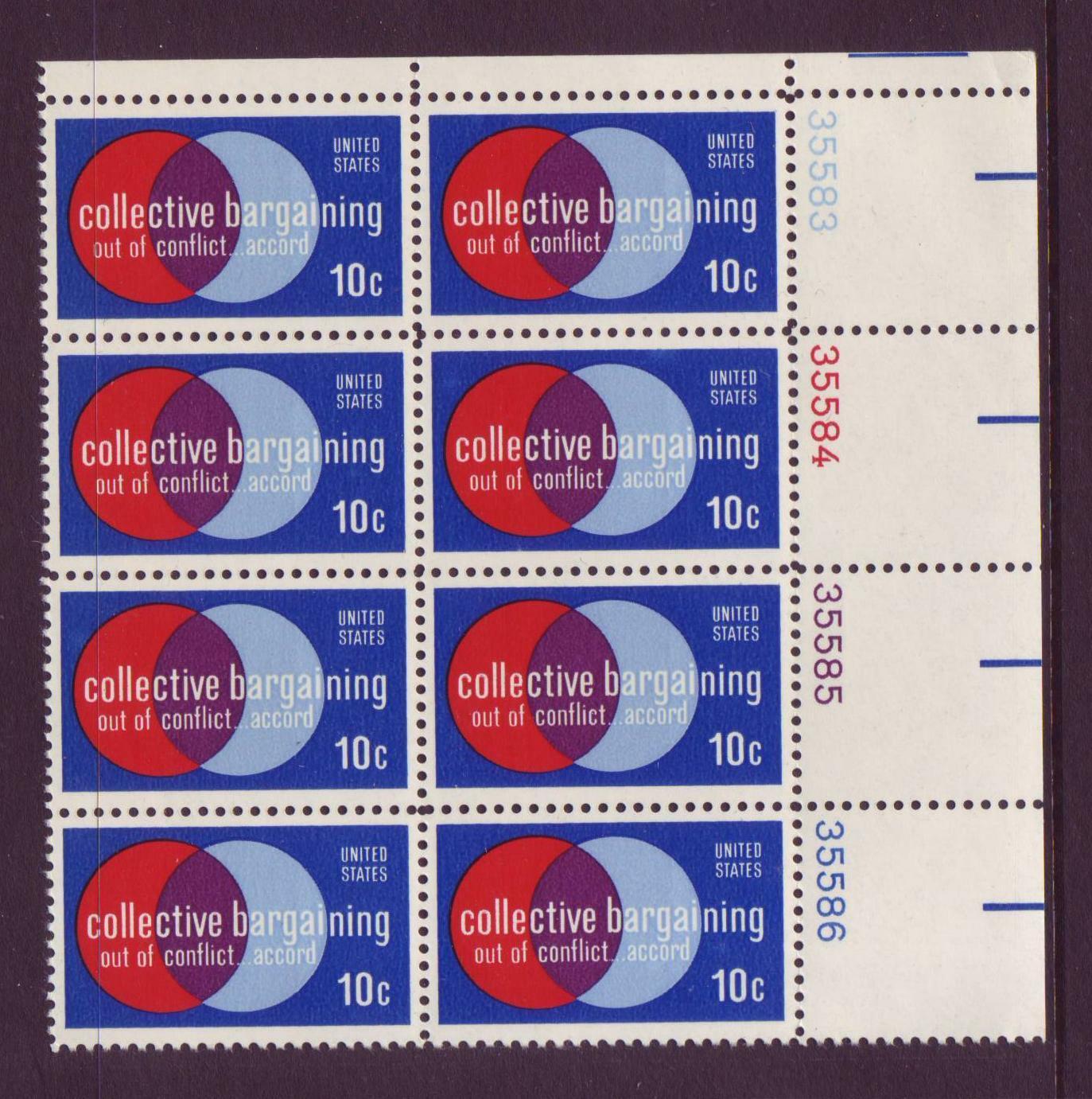 1975 Collective Bargaining Plate Block of 8 10c Postage Stamps - MNH, OG - Scott 1558