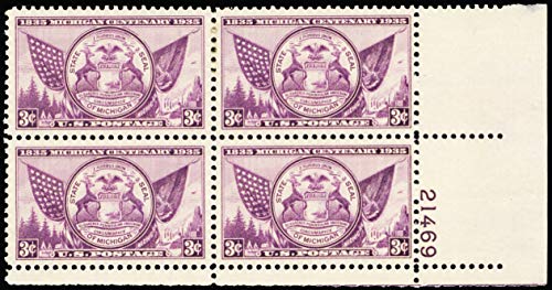 1935 Michigan Centenary Plate Block of Four 3c Postage Stamps - Scott 775 - MNH, OG
