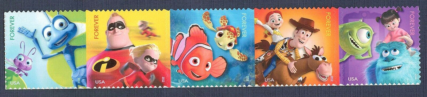 2012 Disney Pixar Films Strip of 5 45c Postage Stamps - MNH, OG - Scott 4677- 4681