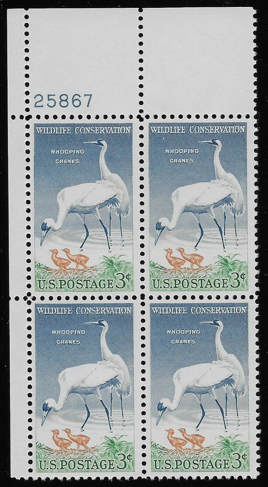 1957 Wildlife Conservation Whooping Cranes Plate Block Of 4 3c Stamps - MNH, OG - Scott 1098 - (BC10a)
