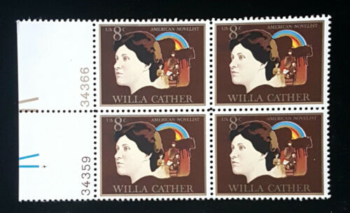 1973 Willa Cather Plate Block of 4 8c Postage Stamps - MNH, OG - Scott 1487