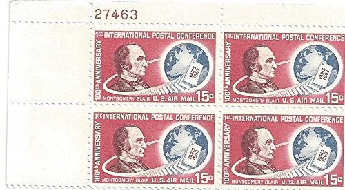 Montgomery Blair Plate Block of 4 15c Airmail Postage Stamps - Scott C66 - MNH,OG