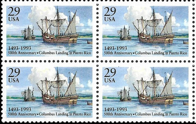 1993 Columbus Landing in Puerto Rico Block of 4 29c Postage Stamps - MNH, OG - Scott 2805