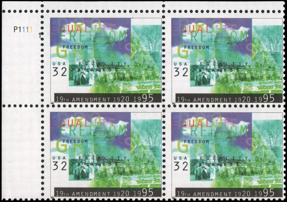 1995 Women Suffrage Plate Block of 4 32c Postage Stamps - MNH, OG - Scott 2980
