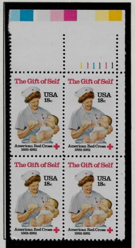 1981 Red Cross Plate Block of 4 18c Postage Stamps - MNH, OG - Scott 1910