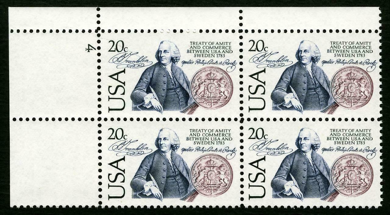 1983 USA - Sweden 1783 Treaty Plate Block of 4 Postage Stamps - MNH, OG - Scott 2036