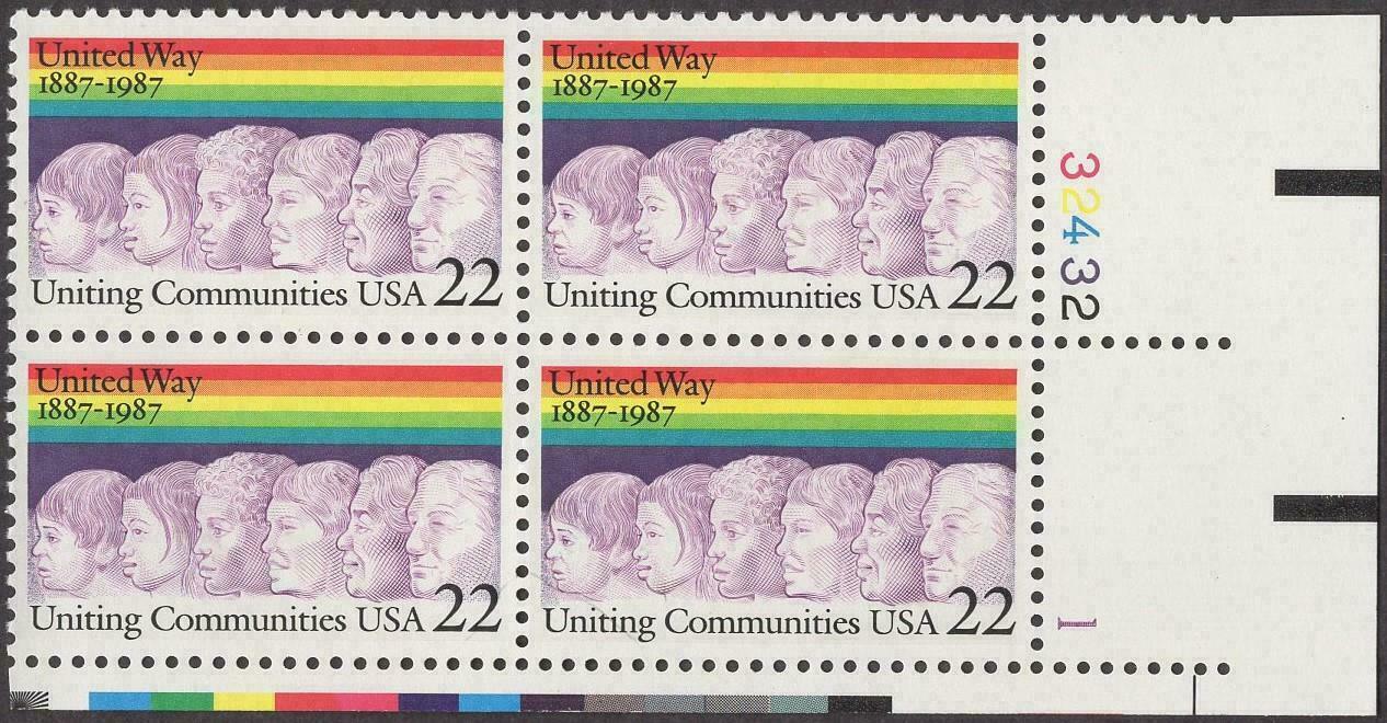 1987 United Way Plate Block of 4 22c Postage Stamps - MNH, OG - Scott 2275