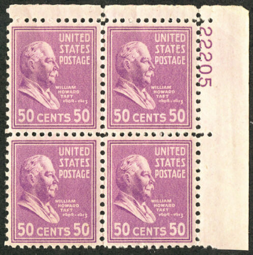 1938 President William H. Taft Plate Block of 4 50c Postage Stamps - Scott 831 - MNH,OG