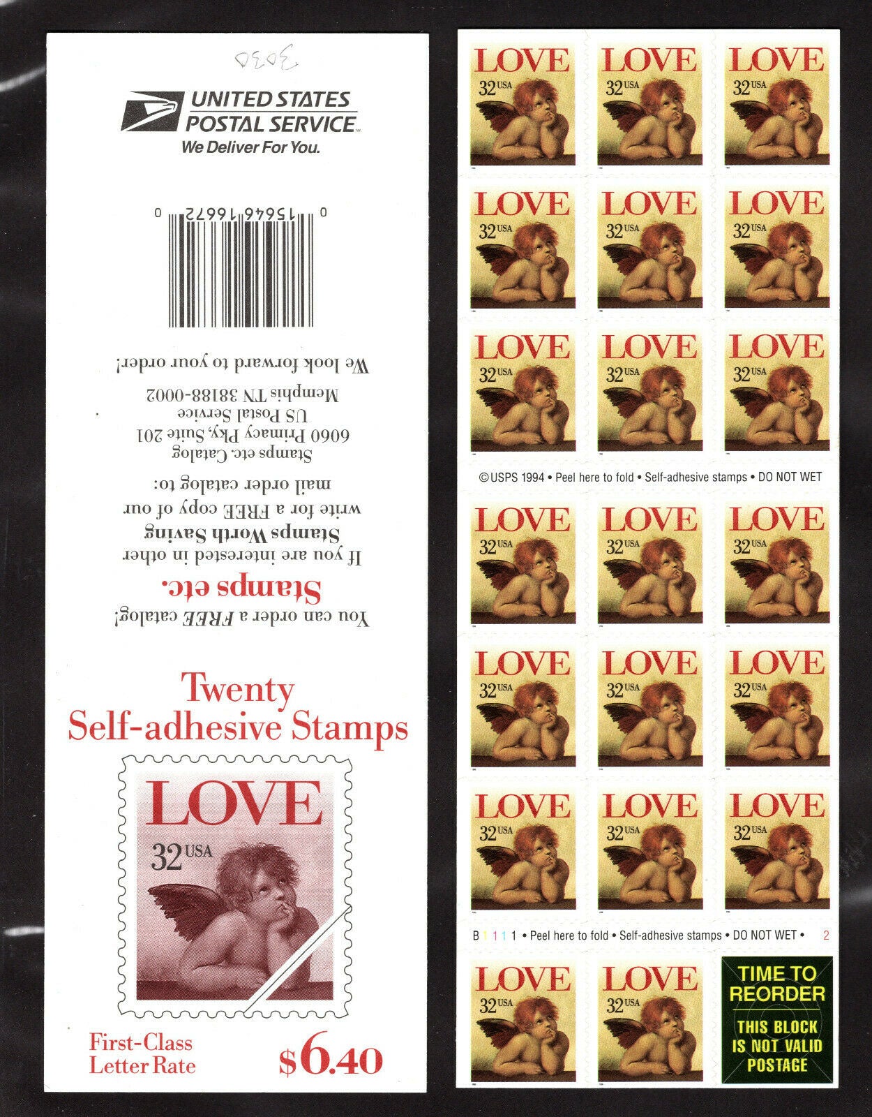 1996 Cherub by Raphael Love Valentine's Pane of 20 32c Postage Stamps - MNH, OG - Scott 3030
