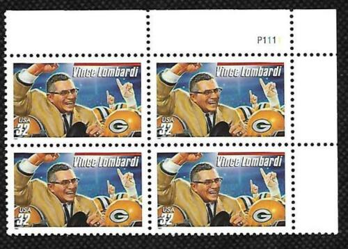 1997 Vince Lombardi Plate Block of 4 32c Postage Stamps - MNH, OG - Scott 3147